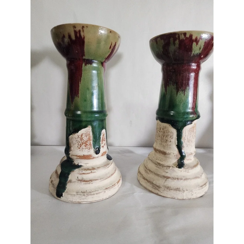 Vintage Artisan Ceramic Drip Glaze Candlestick Holders Pair Green Burgundy Cream
